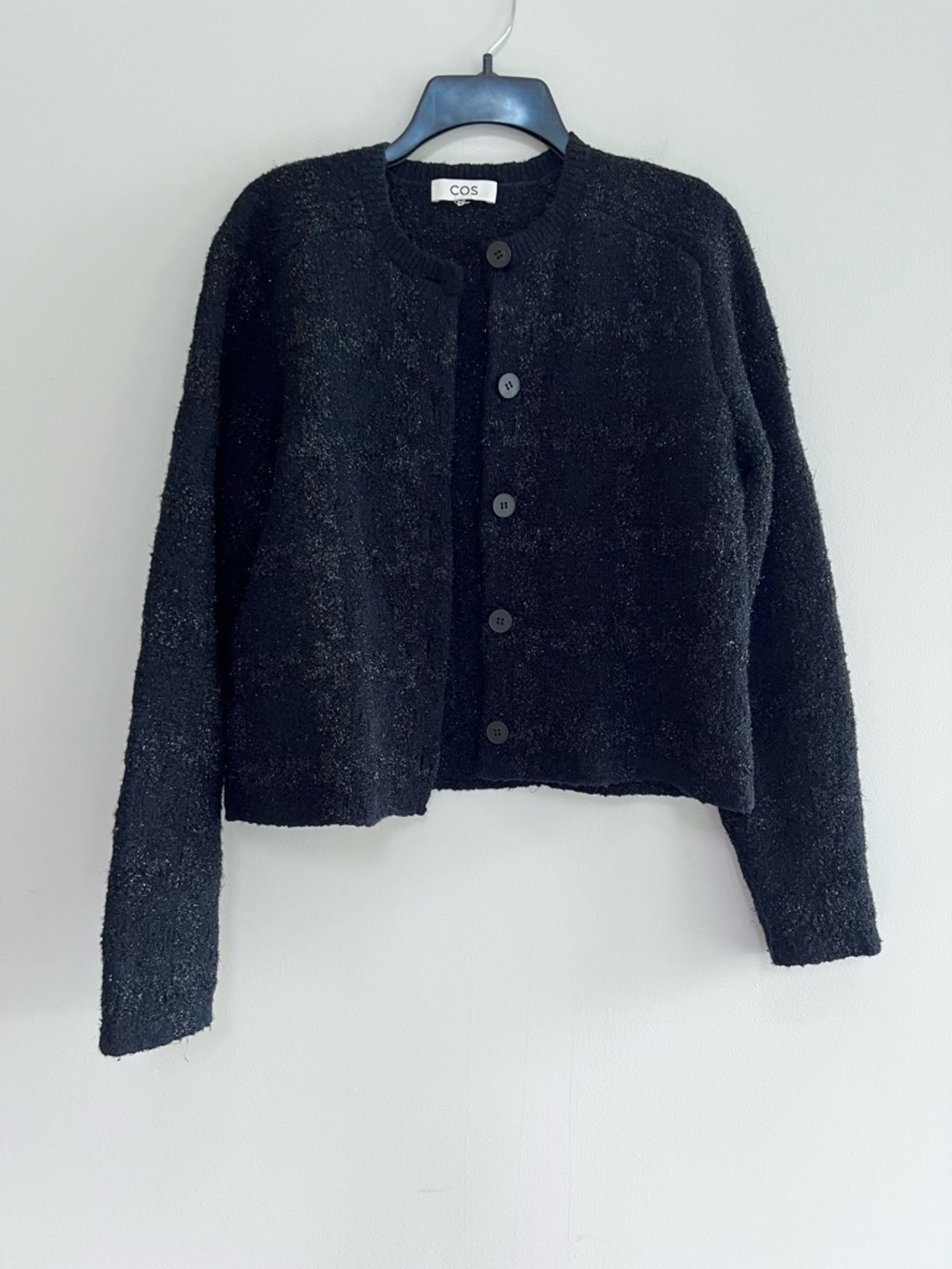 COS Black Sparkly Bouclé-Knit Button Front Crop Cardigan, Black Metallic, Small - Picture 4 of 12